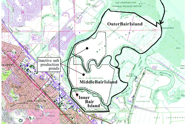Bair Island, with its sloughs and former salt ponds, as depicted in the report Bair Island Restoration And Management Plan: Appendix D - Existing Hydrologic Conditions Assessment (2000)
