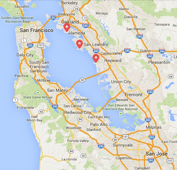 Affected areas of east San Francisco Bay: Alameda, San Leandro and Hayward. Screenshot courtesy Google Maps.