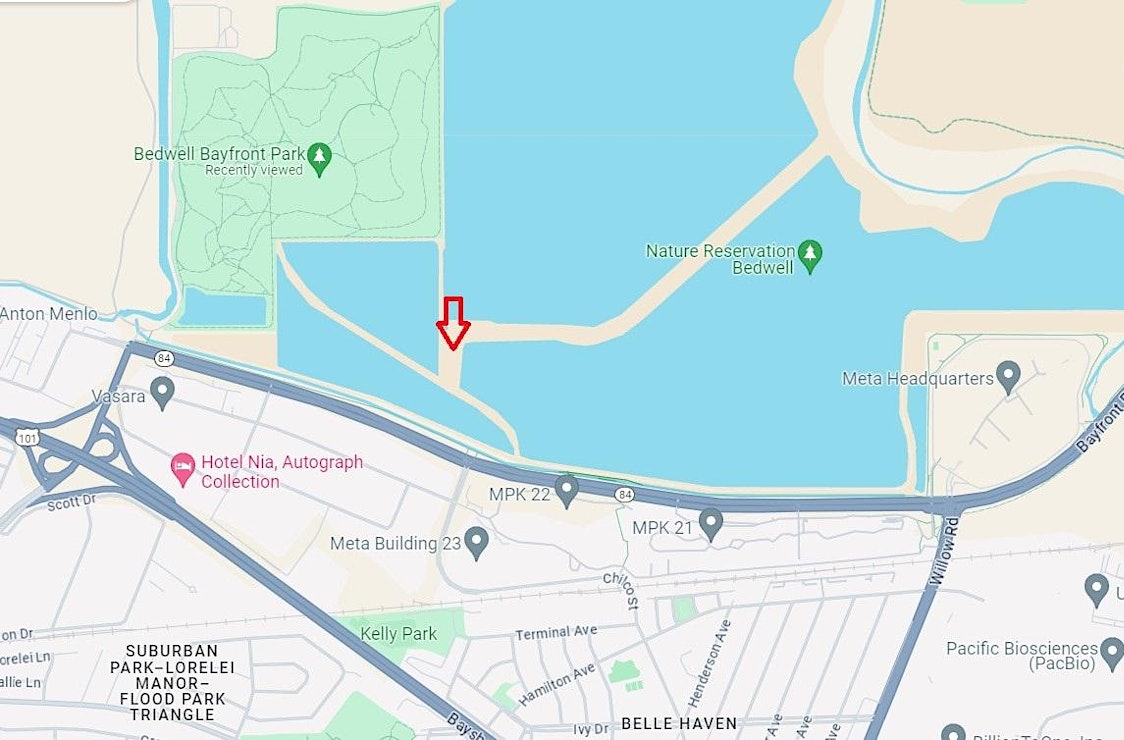 Map of the Flyway Trail opening area Oct 19, 2024. The red arrow marks the spot where the trail opening ceremony is scheduled to take place.