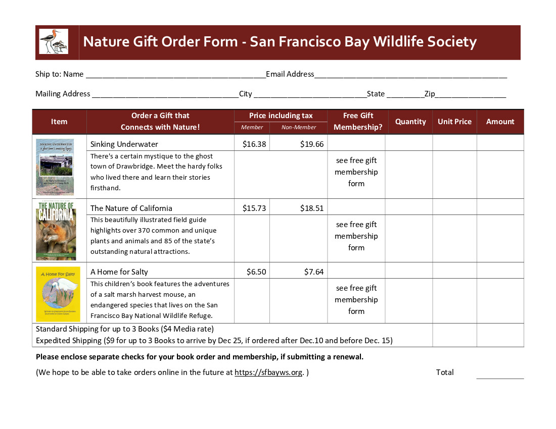 San Francisco Bay Wildlife Society Nature Gifts Order Form