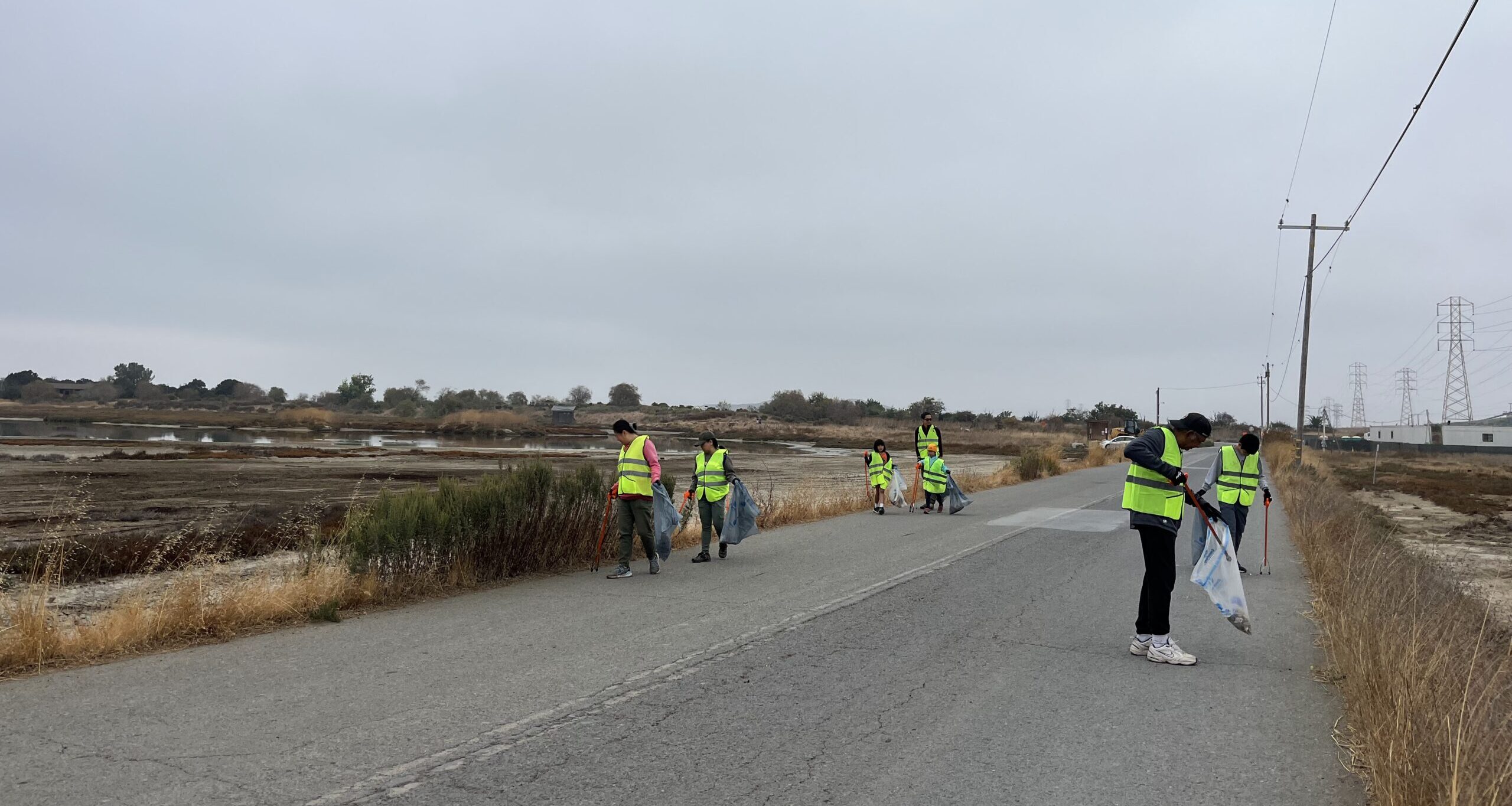 Volunteers picking up litter along the road adjacent to the marsh.
