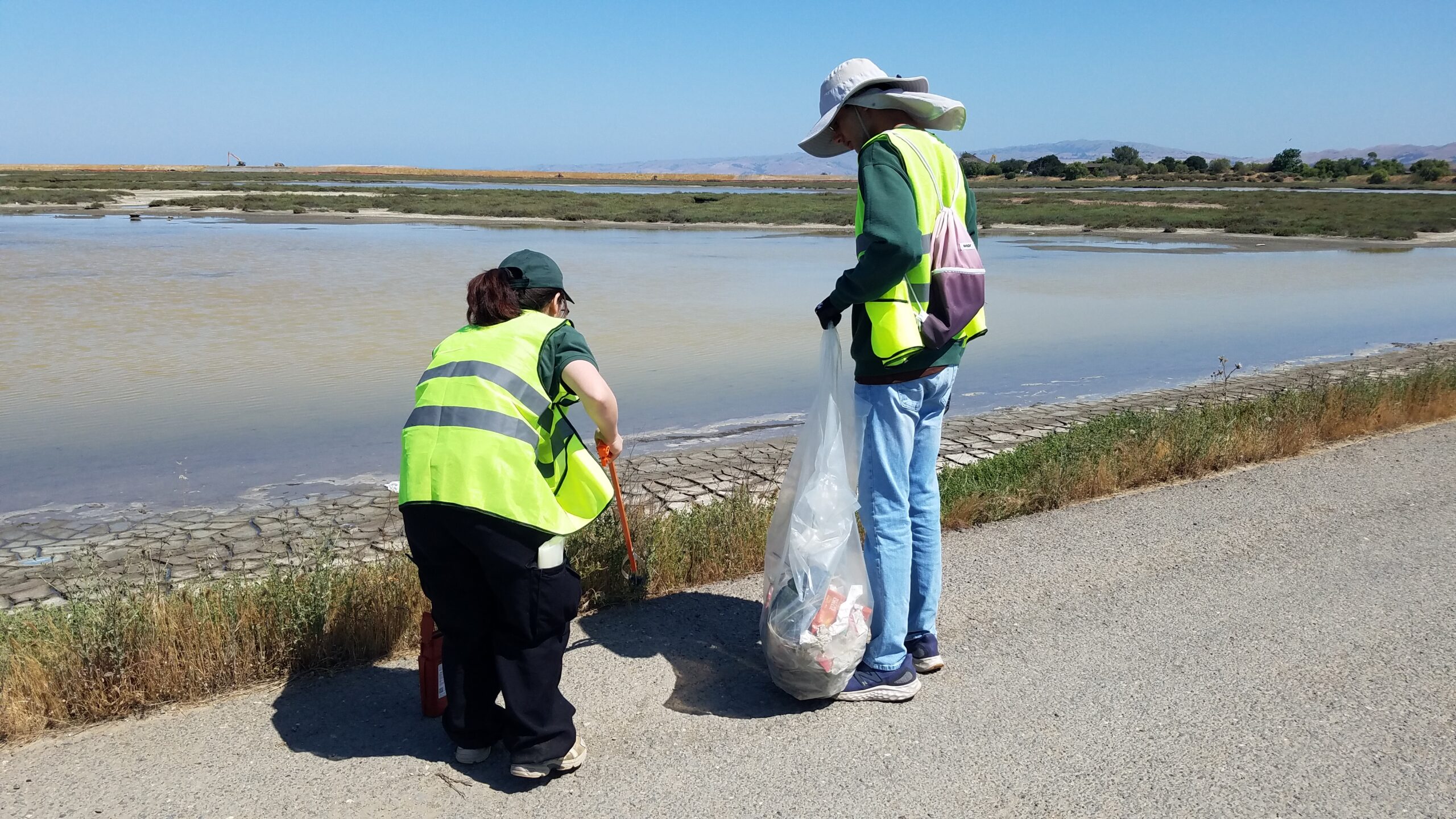 Two volunteers in safety vests pick up litter from the edge of the marsh.
