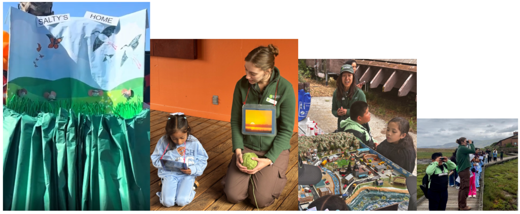 A collage of four images showing a student-led puppet show, food web activity, watershed model, and tour of the marsh.