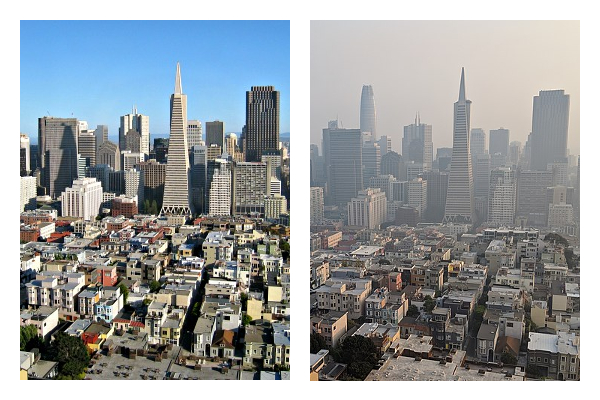 Smoke from the Camp Fire obscures the skyline of San Francisco, California as seen from the Coit Tower on November 11, 2018. Credit Kevin Payravi.