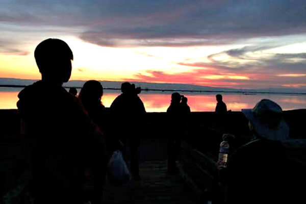 Silhouettes of visitors observing the marsh at sunset.