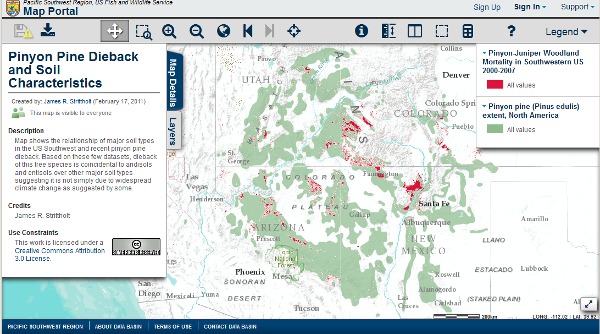 Map depicting the Pinyon Pine Dieback and Soil Characteristics of the Pacific Southwest Region. Screenshot courtesy US FWS.