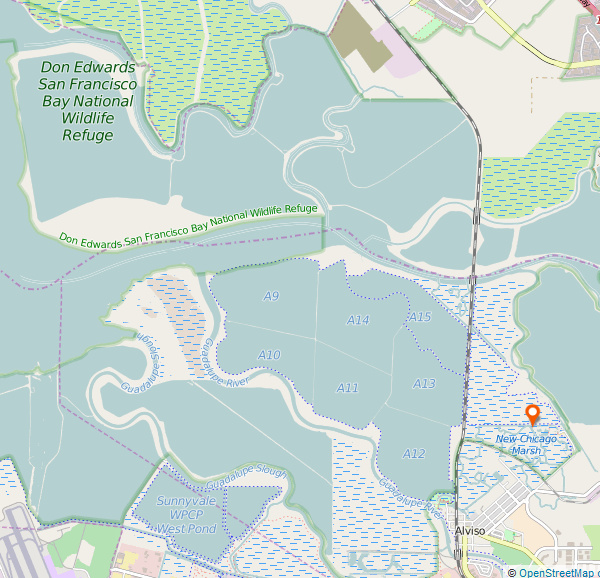 Location of boardwalk overlooking salt pond A16 at EEC, Alviso. Screenshot courtesy OpenStreetMap.